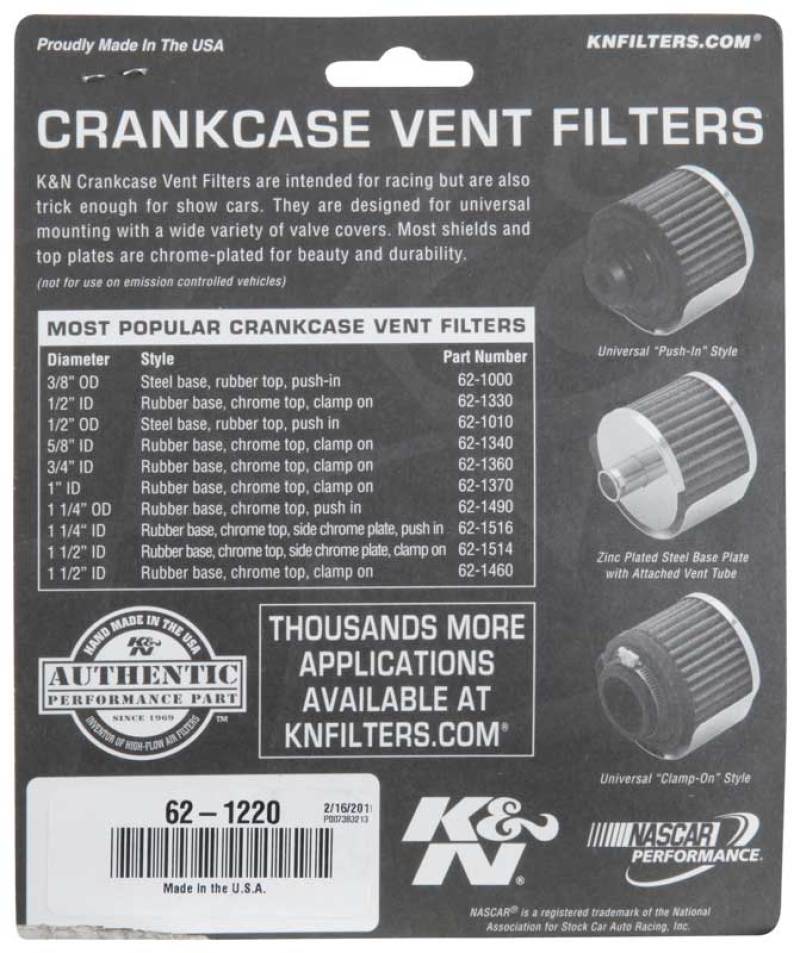 K&N Rubber Base Crankcase Vent Filter - Chrome 1in Flange ID x 2in OD x 1.5in Height